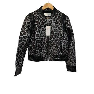 The Mighty Company Leopard Print Metallic Bomber Jacket Women's Med Black Silver